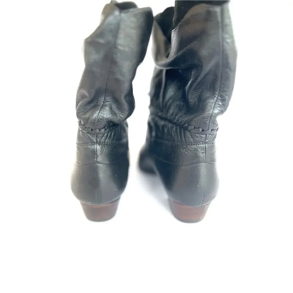 Women's Black Leather Slouch Ankle Booties with Braided Tie